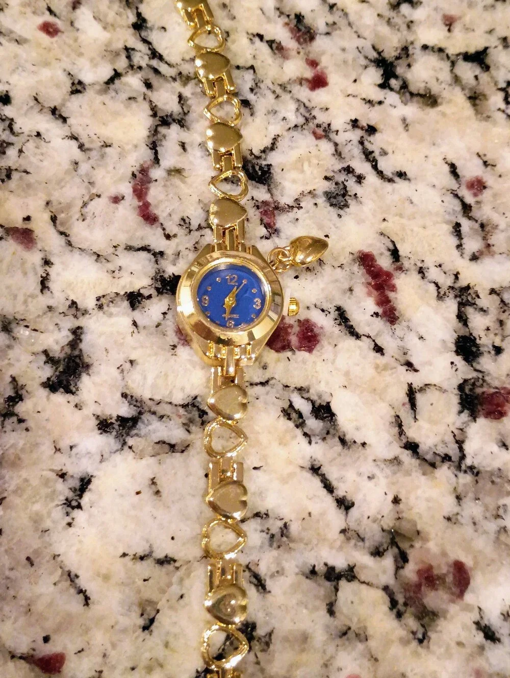 New Gold-Tone Women's Heart Link Watch with Blue Dial